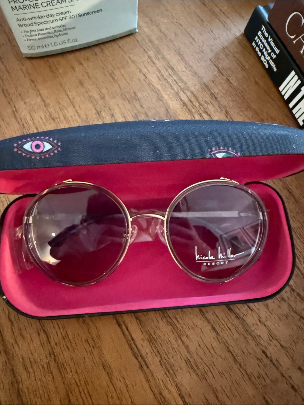 Nicole Miller Round Gold Frame Sunglasses with Pink Lenses